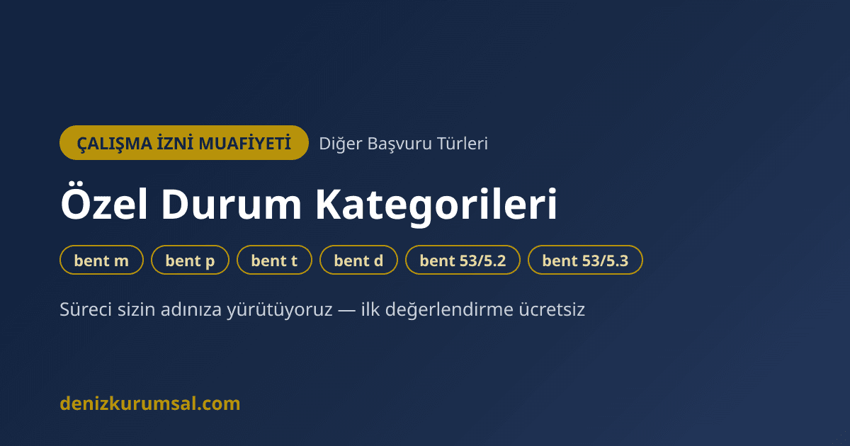 Özel Durum Muafiyetleri — AB Proje Uzmanı, Basın, Türk Soylu Yabancılar ve Diğerleri — bent m, p, t, d, 53/5.2, 53/5.3 | Deniz Kurumsal çalışma izni muafiyeti danışmanlığı