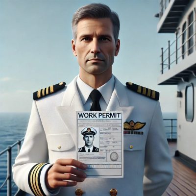 Here is the image of a ship captain holding a work permit document. Here is the image of a ship captain holding a work permit document.